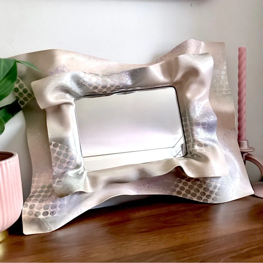 Vintage 80’s Sculptural Mirror Wall Hanging Pink Purple Silver Polka Dot 19x15”